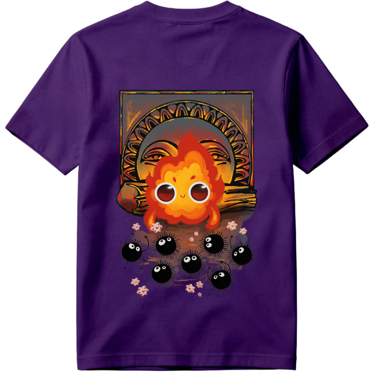 Cute Flame Character with Black Spiky Creatures and Ancient Mask Background - Tee