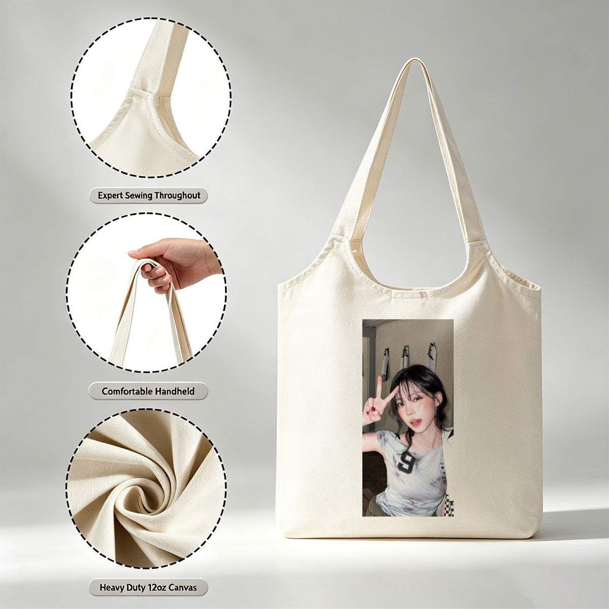 Korean Celebrity in Casual Outfit Making Peace Sign in Indoor Setting - Canvas shoulder bags/
