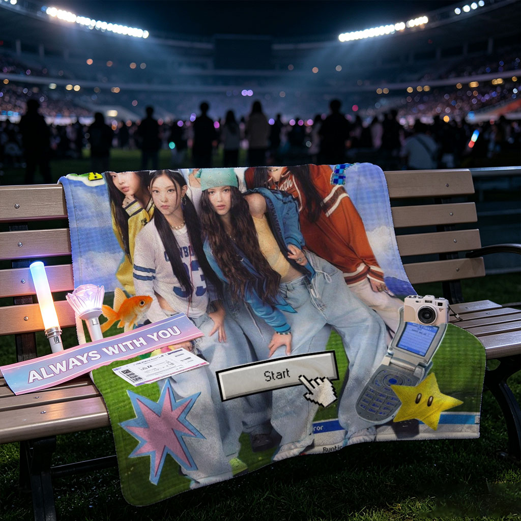 NewJeans Group Photo with Retro Game Interface and Colorful Elements - Blankets