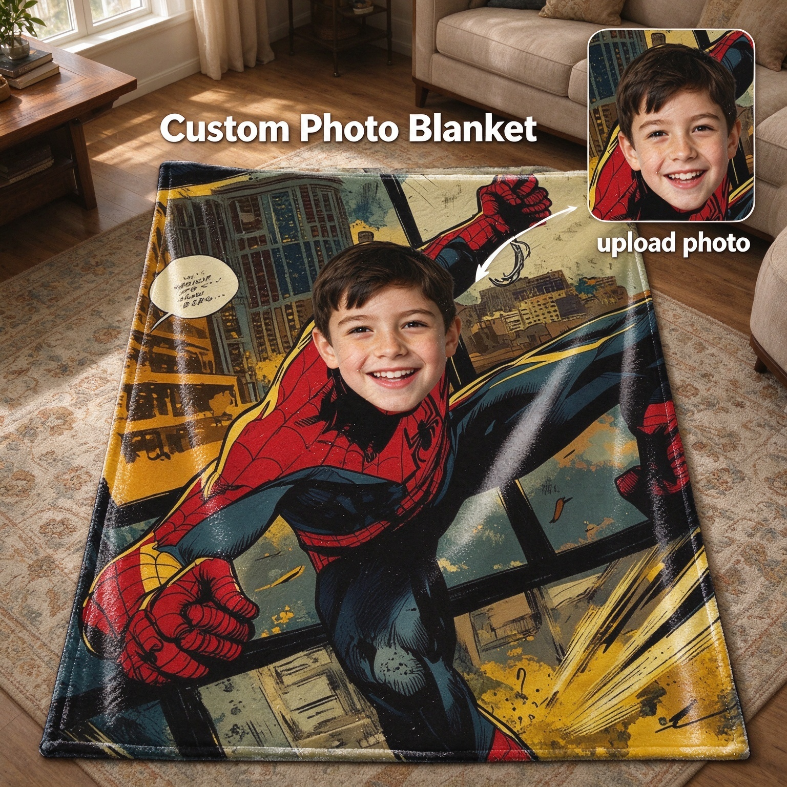 Custom Face Superhero Comic Throw Blanket, Ultra Soft Flannel Photo Fleece Wrap, Ideal Personalized Gift