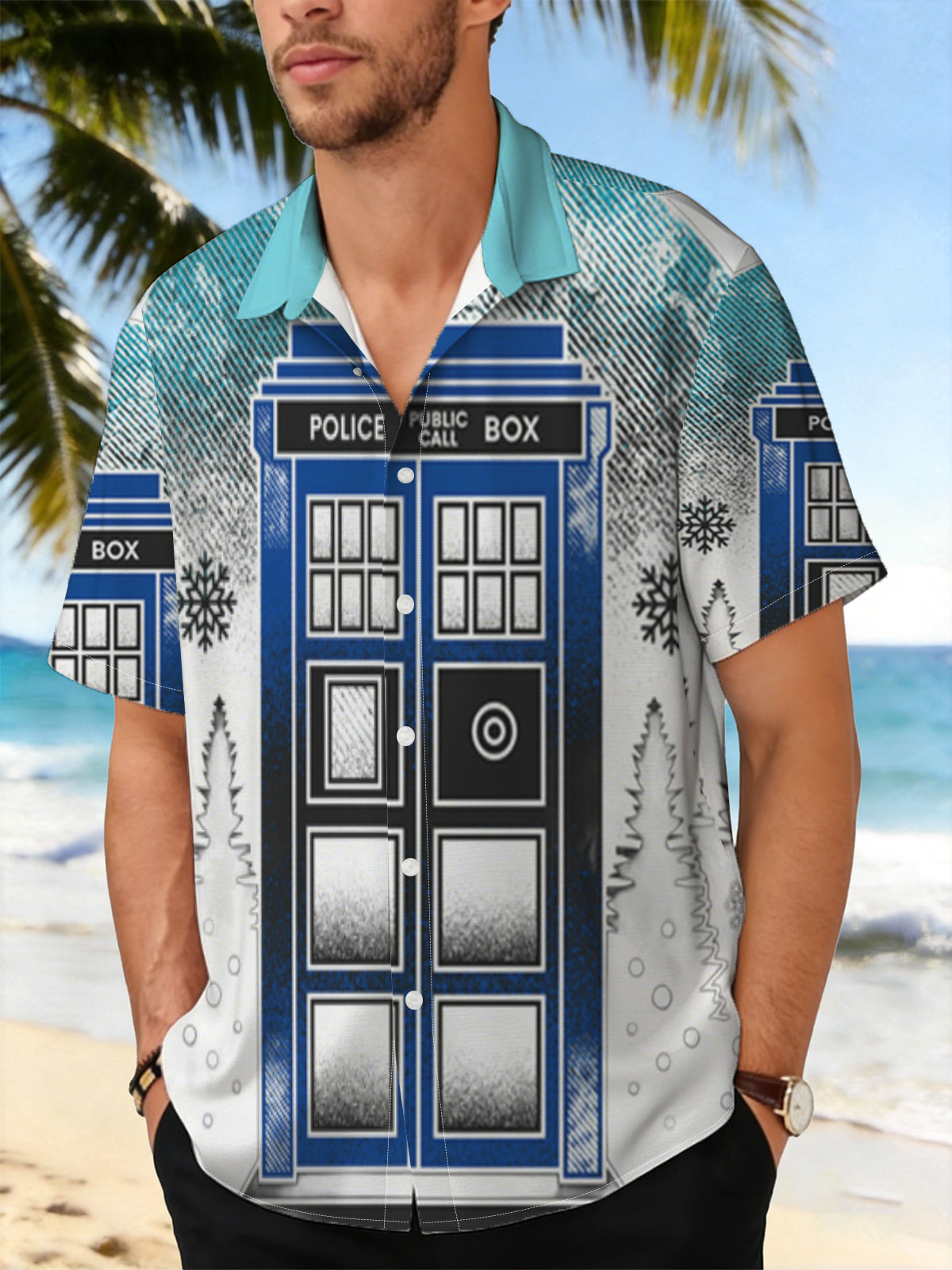 TARDIS in Winter Wonderland: Police Box Amid Snowy Pines -  Shirt