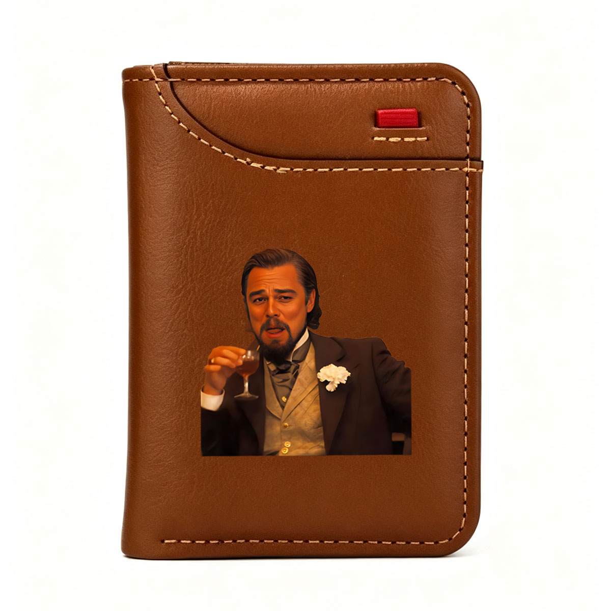 Leonardo DiCaprio in a formal suit with a white flower, holding a glass of wine - Vertical Style Wallet
