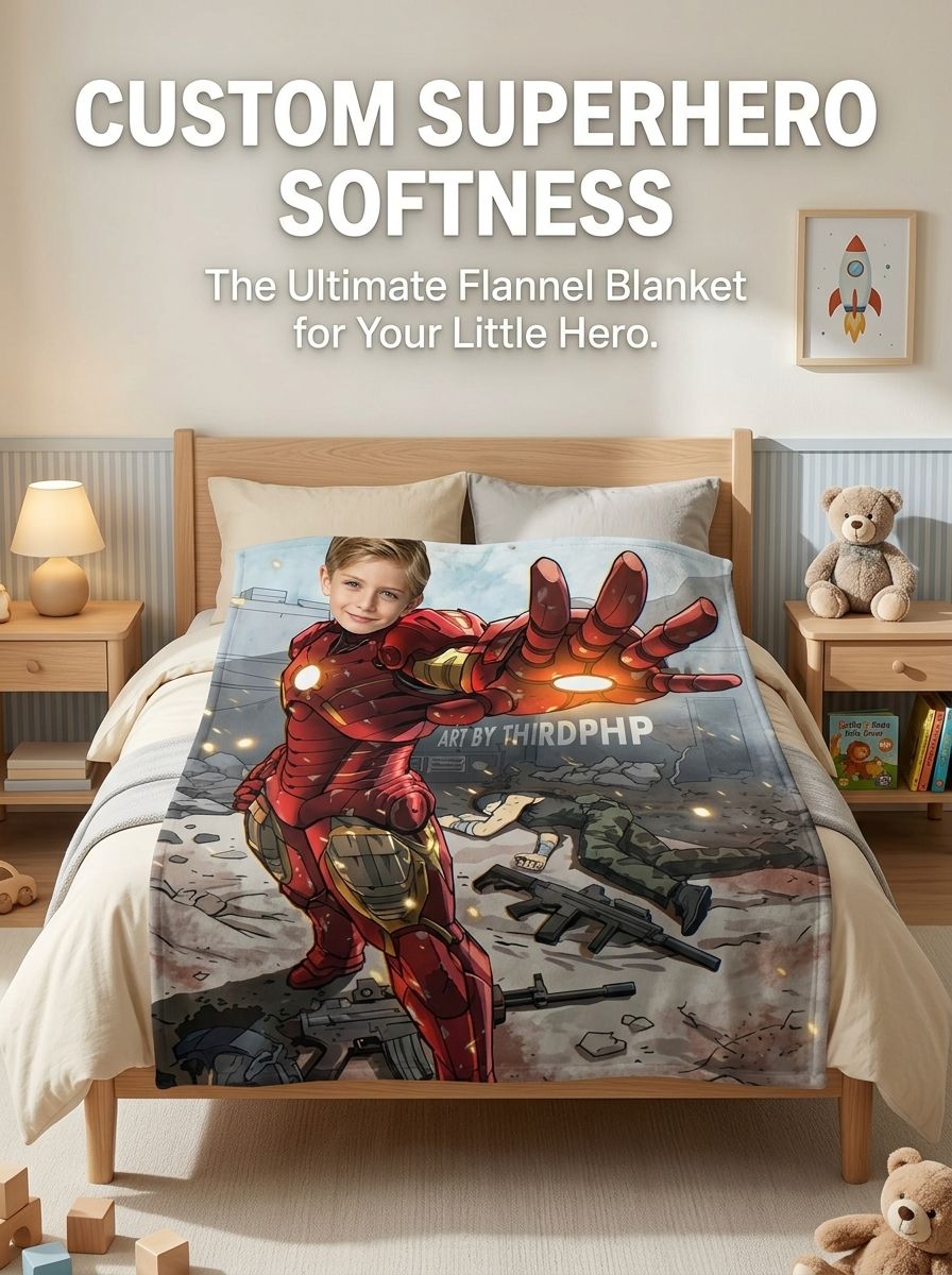 Personalized Superhero Face Photo Flannel Blanket, Ultra Soft Anti-Pilling Cozy Throw, Unique Custom Gift for Kids