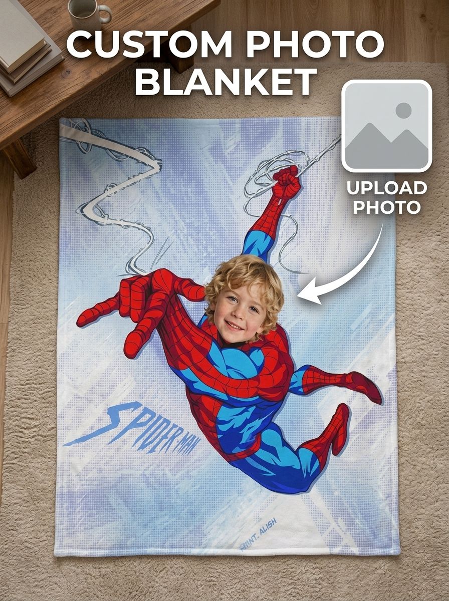 Custom Photo Superhero Flannel Throw Blanket Personalized Face Portrait Ultra Soft Cozy Bedding Gift for Kids