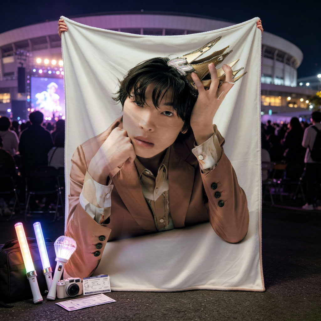 Kento Yamazaki in a Stylish Pose Wearing a Gold Crown and Brown Blazer - Blankets