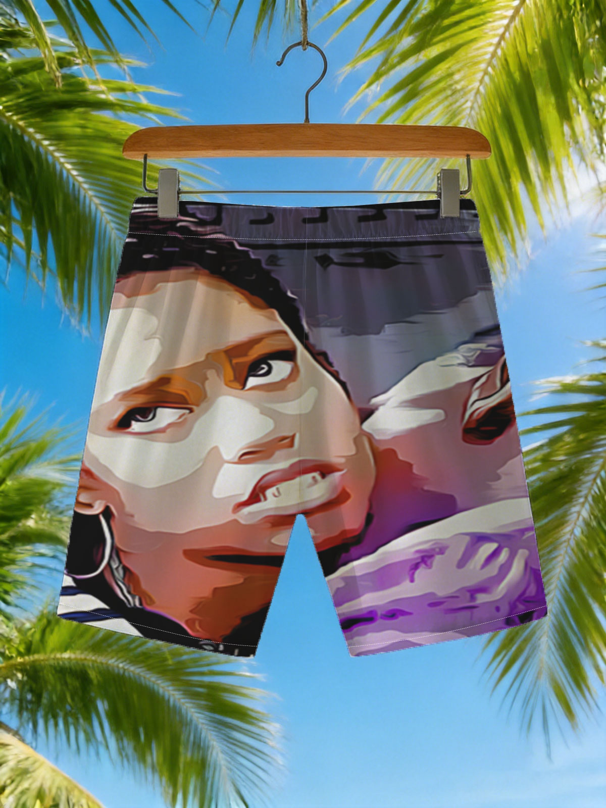 Woman with Braids and Hoop Earrings in Striped Shirt, Man in Purple Shirt with Tattooed Back -  Beach shorts