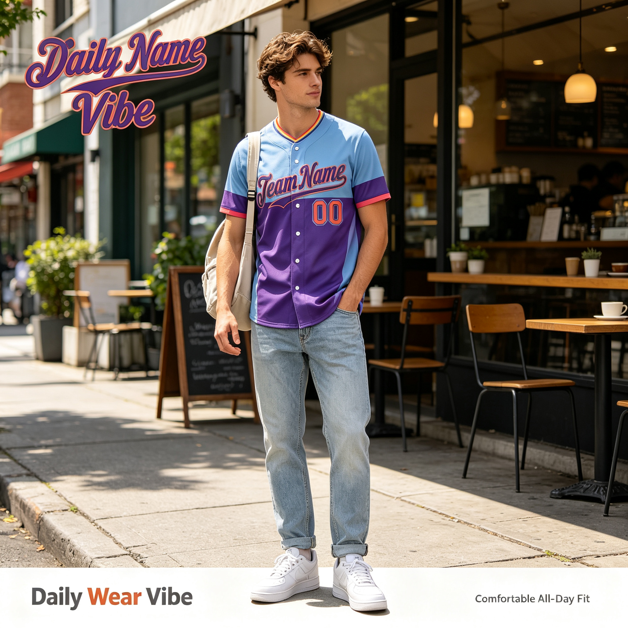 Custom Printed Denver Mountain Style Baseball Jersey Light Blue Purple Color Block Pullover V Neck Shirt for Men and Women