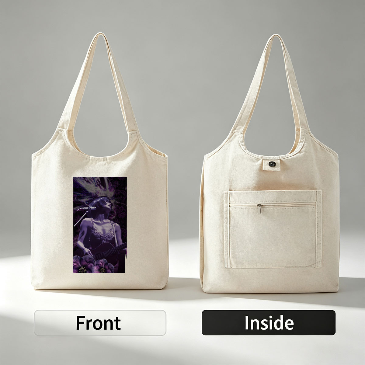 Bj?rk Performing with Guitar in Purple Floral Scene - Canvas shoulder bags/