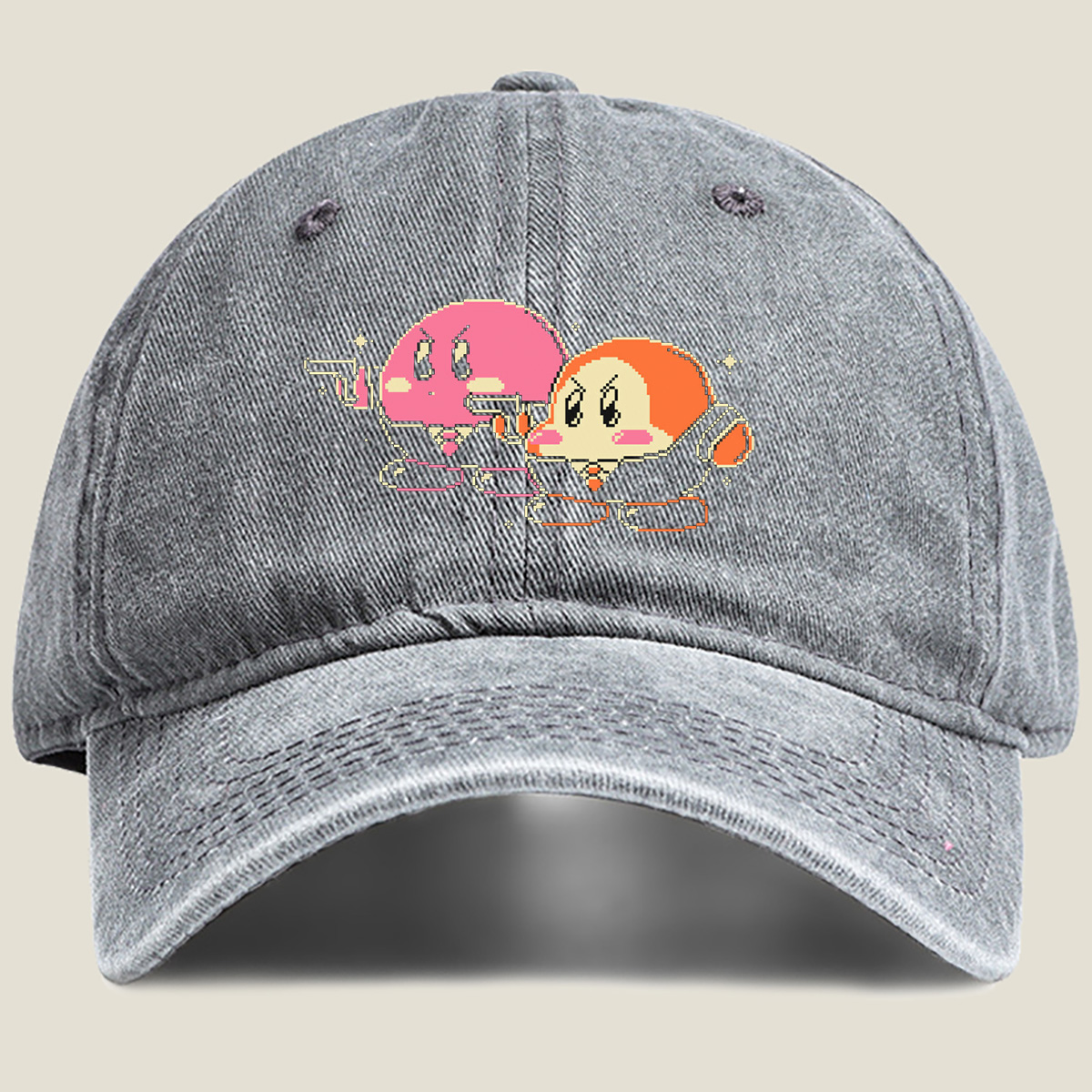 Kirby and Waddle Dee in Pixel Art Style - Washed Denim - Baseball Cap