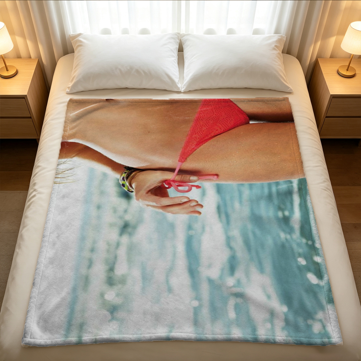 Nude Blonde by the Pool Holding a Hat - Blanket