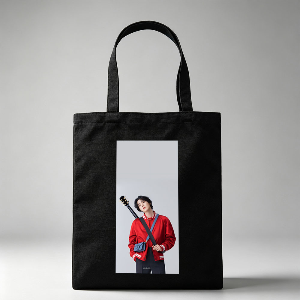 Jungkook with Guitar in Red Jacket and Blue Bag, Standing Against Gray Background - Canvas tote bags