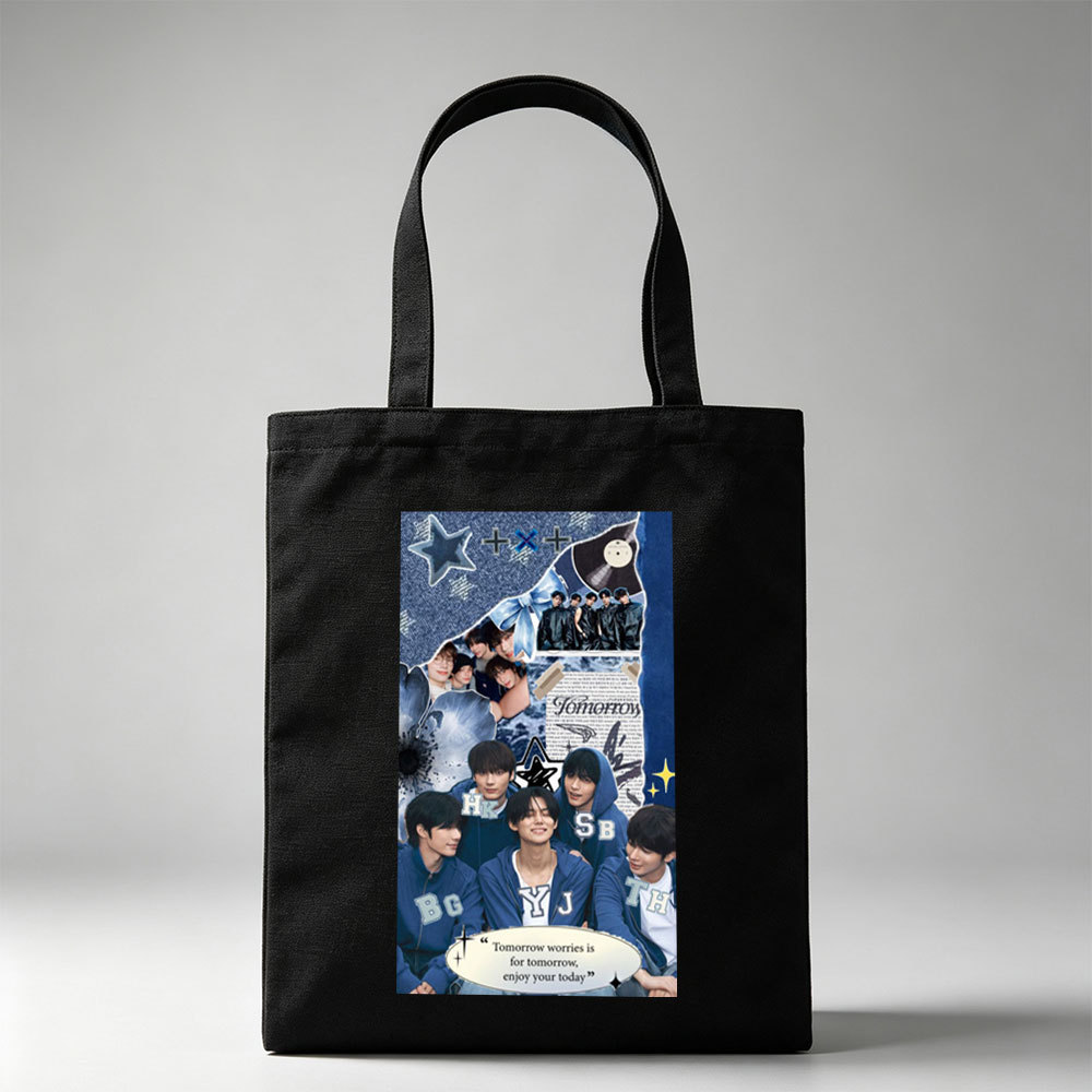 Tomorrow X Together Group Photo Collage with Blue Theme and Inspirational Quote - Canvas tote bags