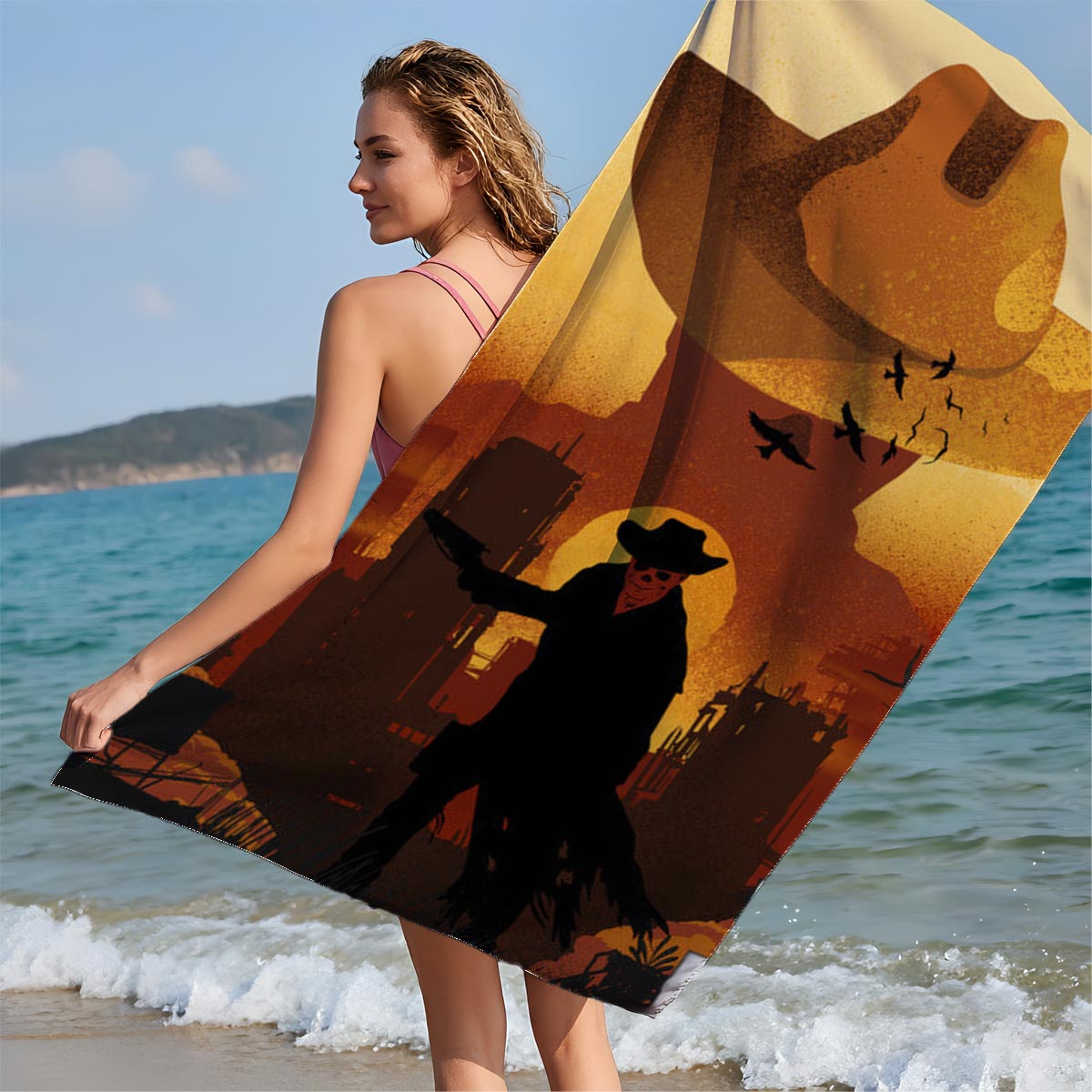 Cowboy Silhouette Against Sunset with Giant Hat and Birds in Sky - Beach towels