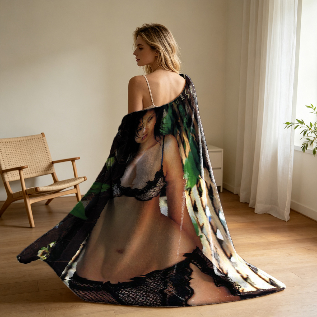 Nude Blonde Leaning on Table in Black Thong - Blanket