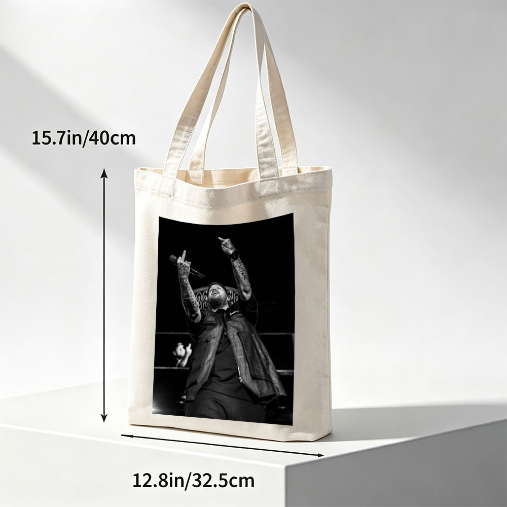 Luke Combs Performing on Stage with Tattooed Arms Raised in Black and White Photo - Canvas tote bags