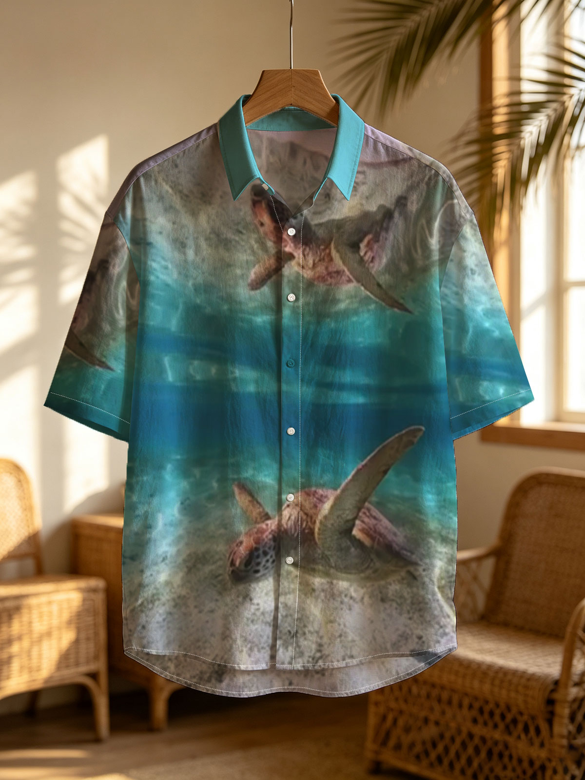 Sea turtles swim gracefully in clear blue waters, one near the surface and one gliding over sandy ocean floor. -  Shirt