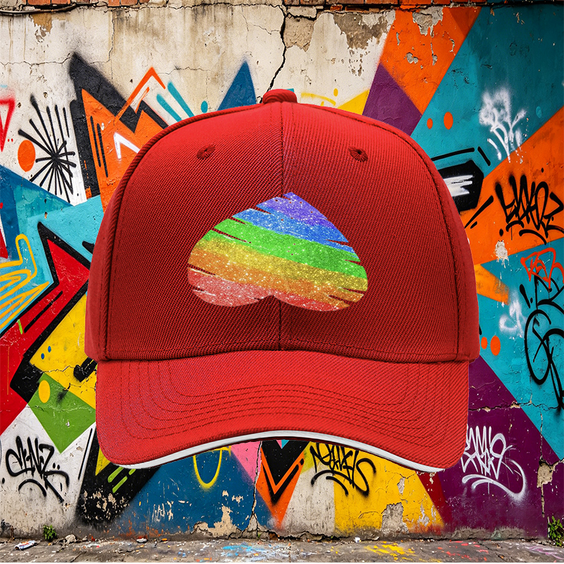 Unisex Classic Sandwich Hat with Rainbow Glitter Heart Print - Perfect for Pride Events, Outdoor Activities, and Casual Wear - Ideal for Adults Seeking Expressive Fashion Statement