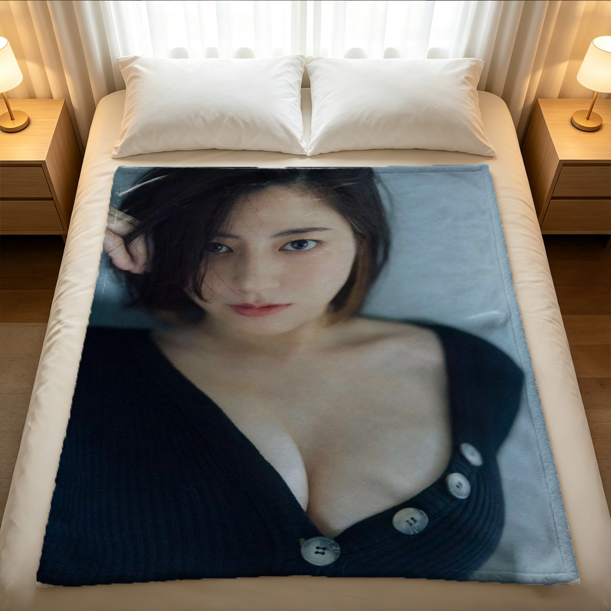 Emma Watson in a short blue satin dress sitting on a leather couch. - Blanket