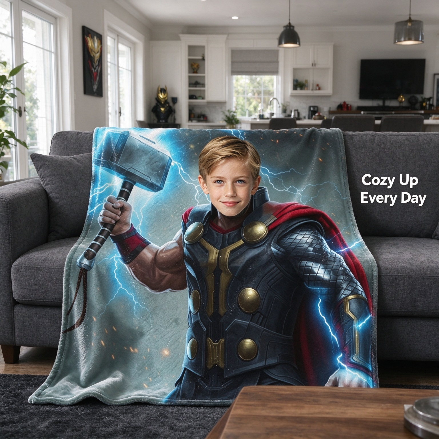 Custom Photo Face Superhero Flannel Blanket, Personalized Lightning Warrior Plush Fleece Throw, Cozy Keepsake Gift for