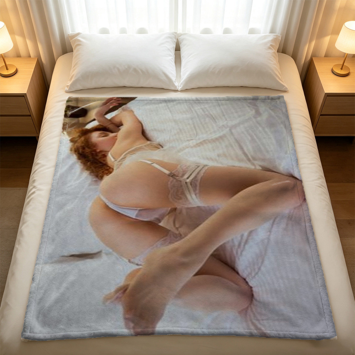 Blonde in unbuttoned white shirt smiling at camera - Blanket