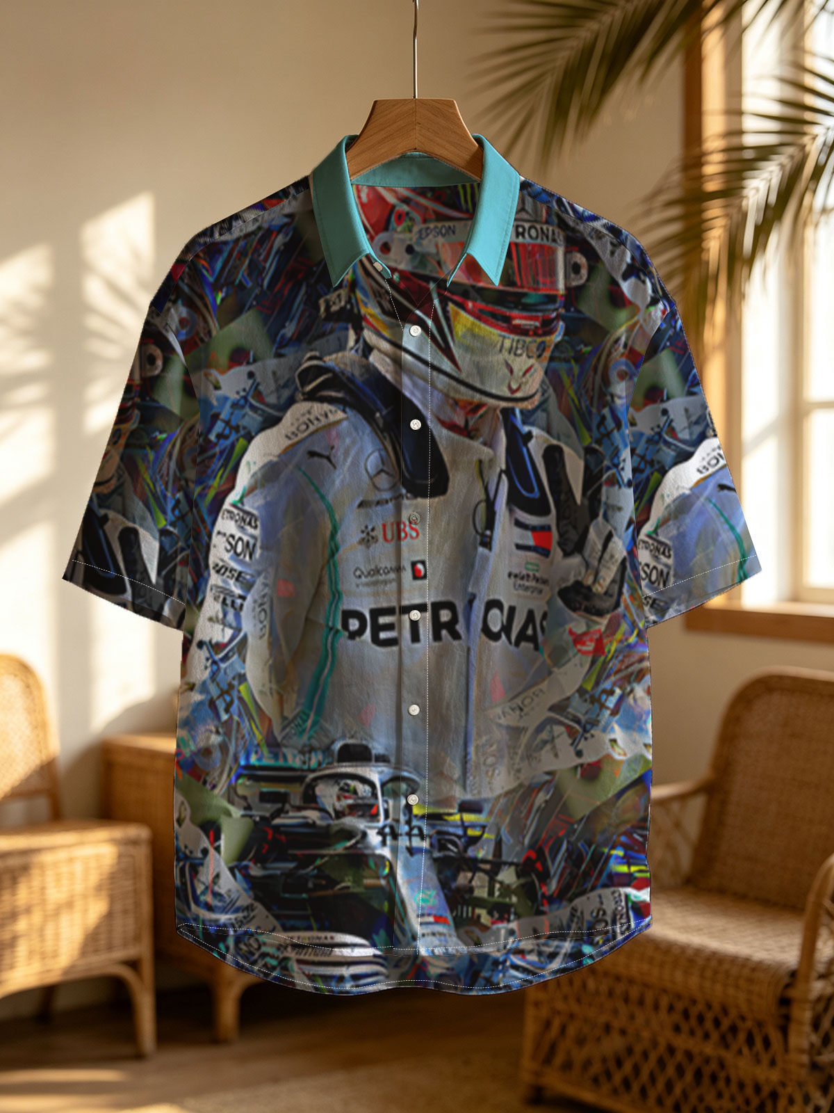 Lewis Hamilton in Mercedes F1 Racing Suit and Helmet, Petronas Sponsorship, Artistic Collage Style -  Shirt