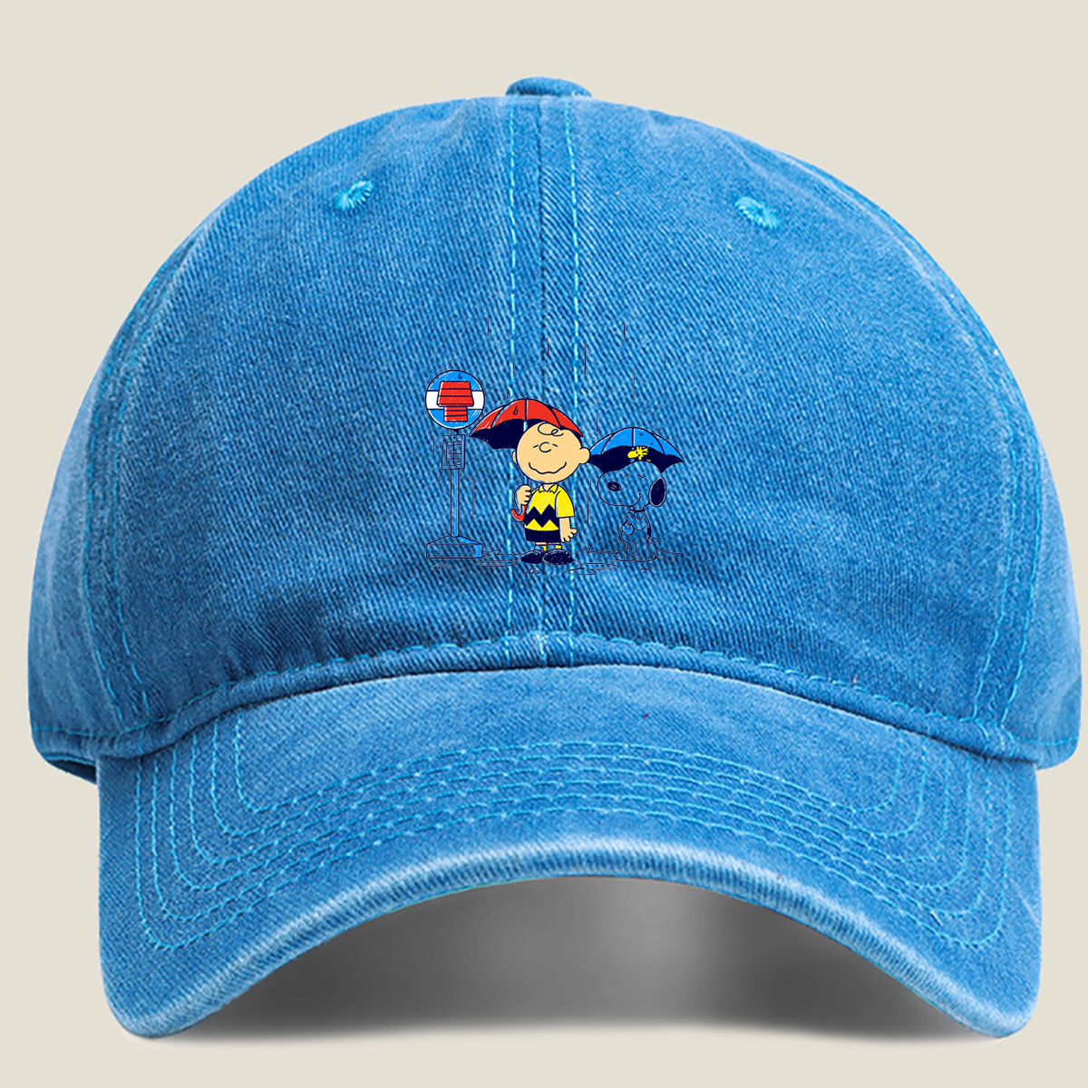 Peanuts: Charlie Brown and Snoopy in the Rain - Washed Denim - Baseball Cap