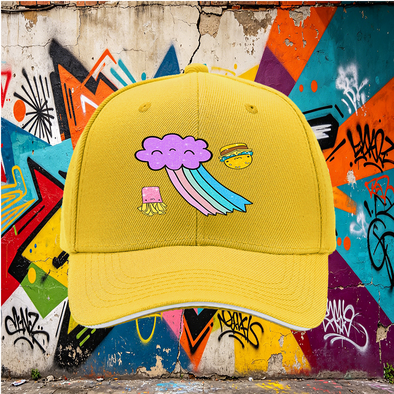 Unisex Classic Sandwich Hat with Kawaii Rainbow Cloud, Happy Burger & Fries Print – Perfect for Casual Outings, Festivals, and Daily Wear – Ideal for Teens and Young Adults Loving Fun Food-Themed Fashion