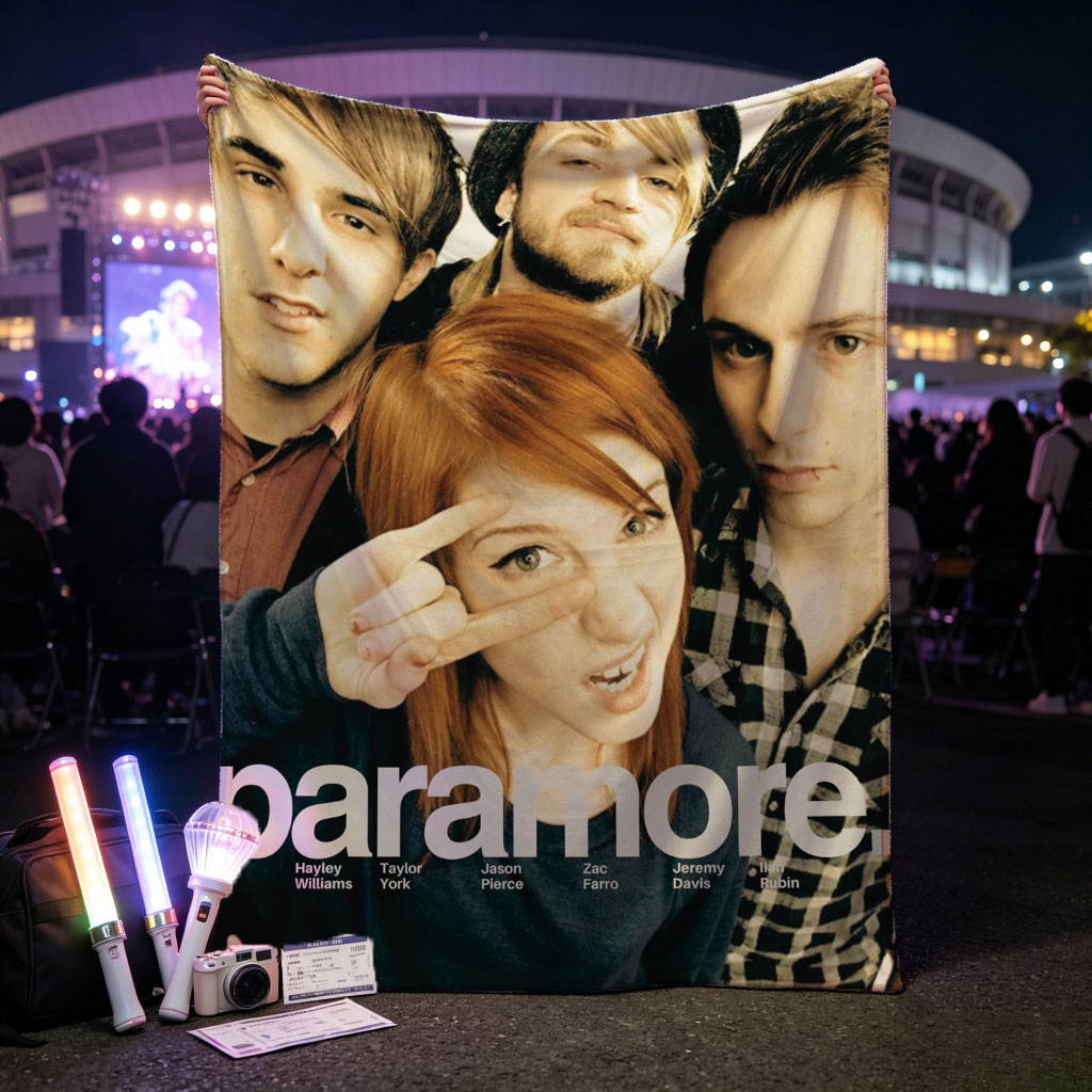 Paramore Band Members in Close-Up Group Photo with Hayley Williams Making a Peace Sign - Blankets