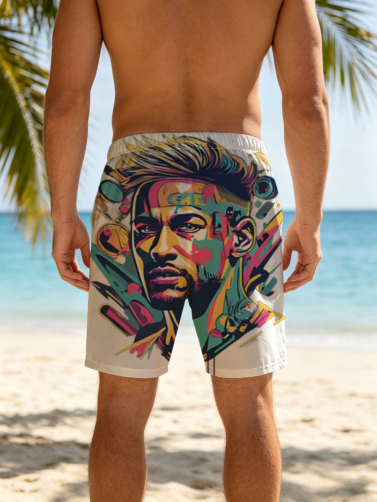 Colorful Abstract Portrait of a Man with Vibrant Patterns and Dynamic Elements -  Beach shorts