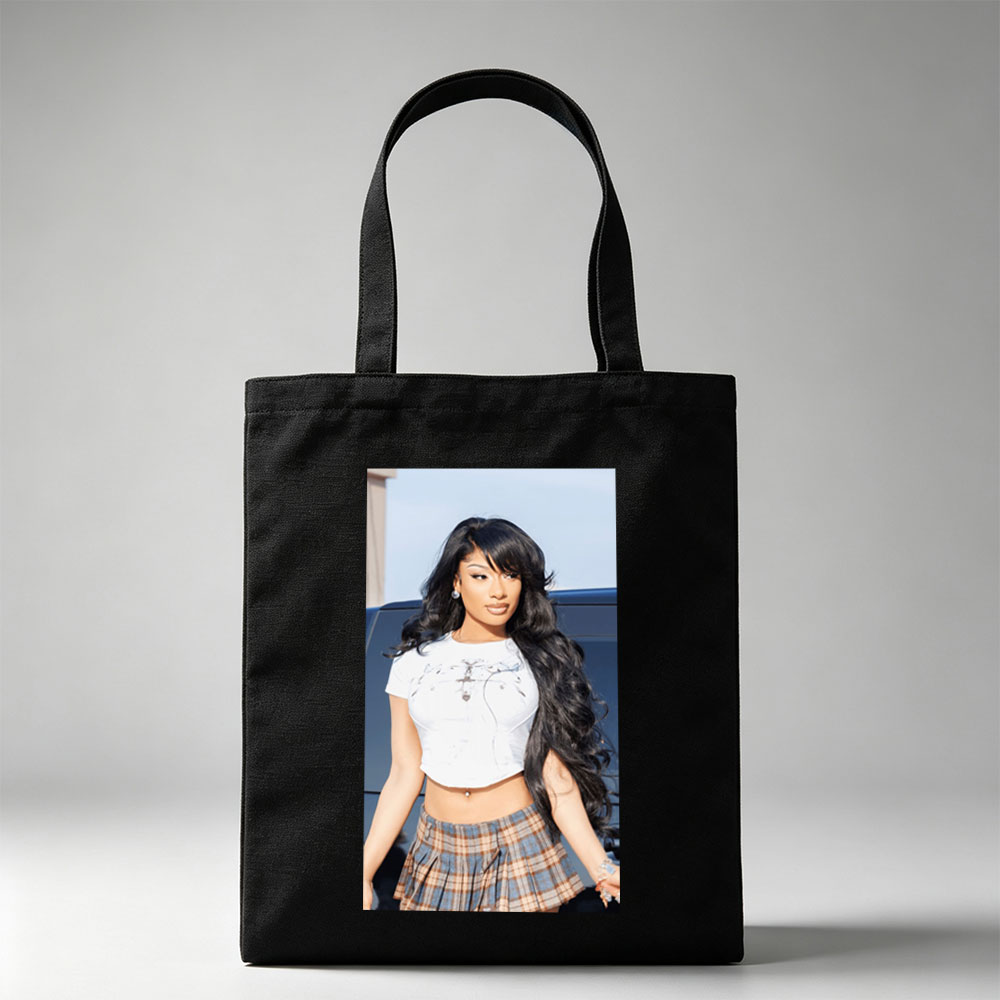 Cardi B in a Stylish Outfit with White Crop Top and Plaid Skirt Standing by a Car - Canvas tote bags