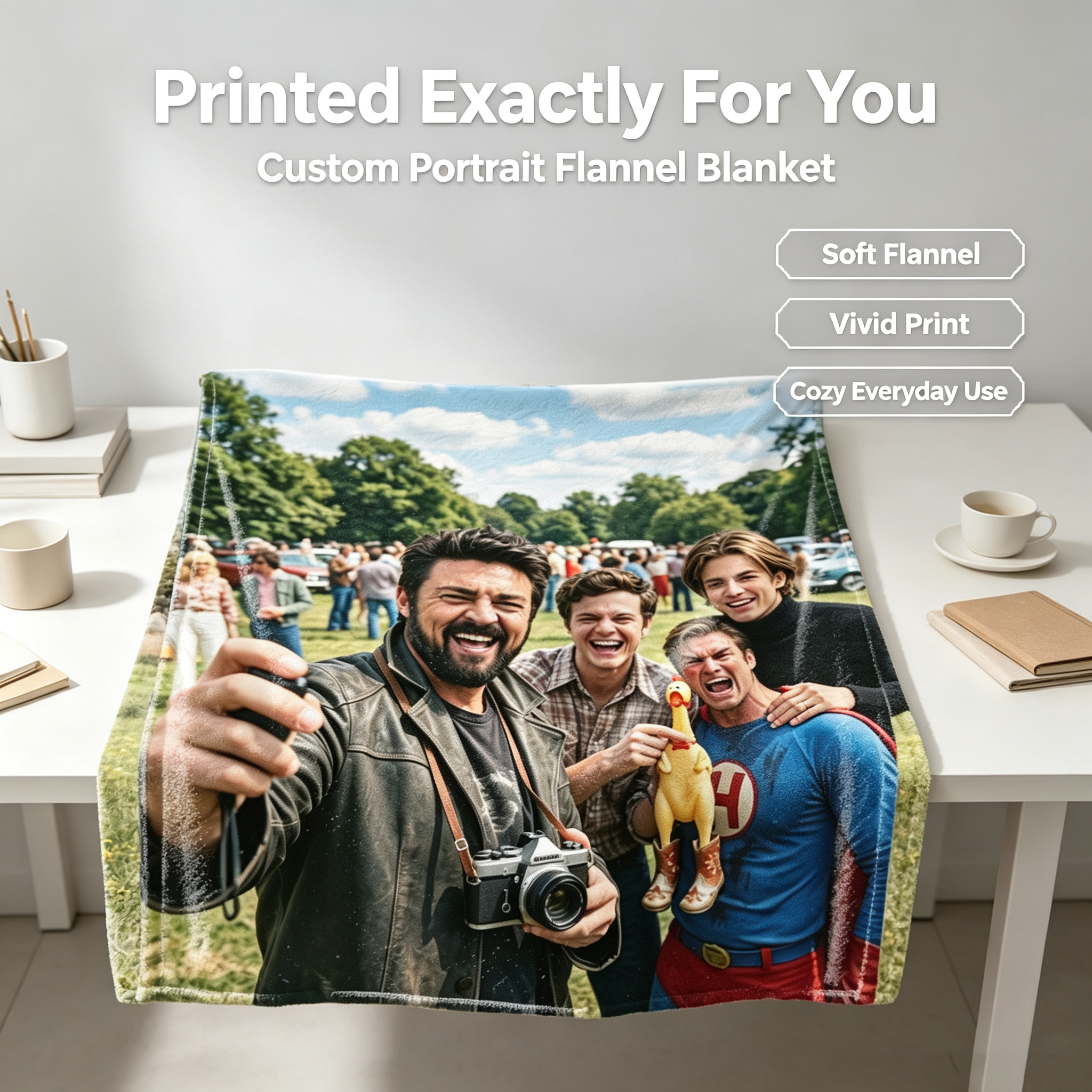 Custom Face Blanket Featuring Iconic Characters in Park Scene Flannel Blanket Perfect for Cozy Nights and Fun Gifts