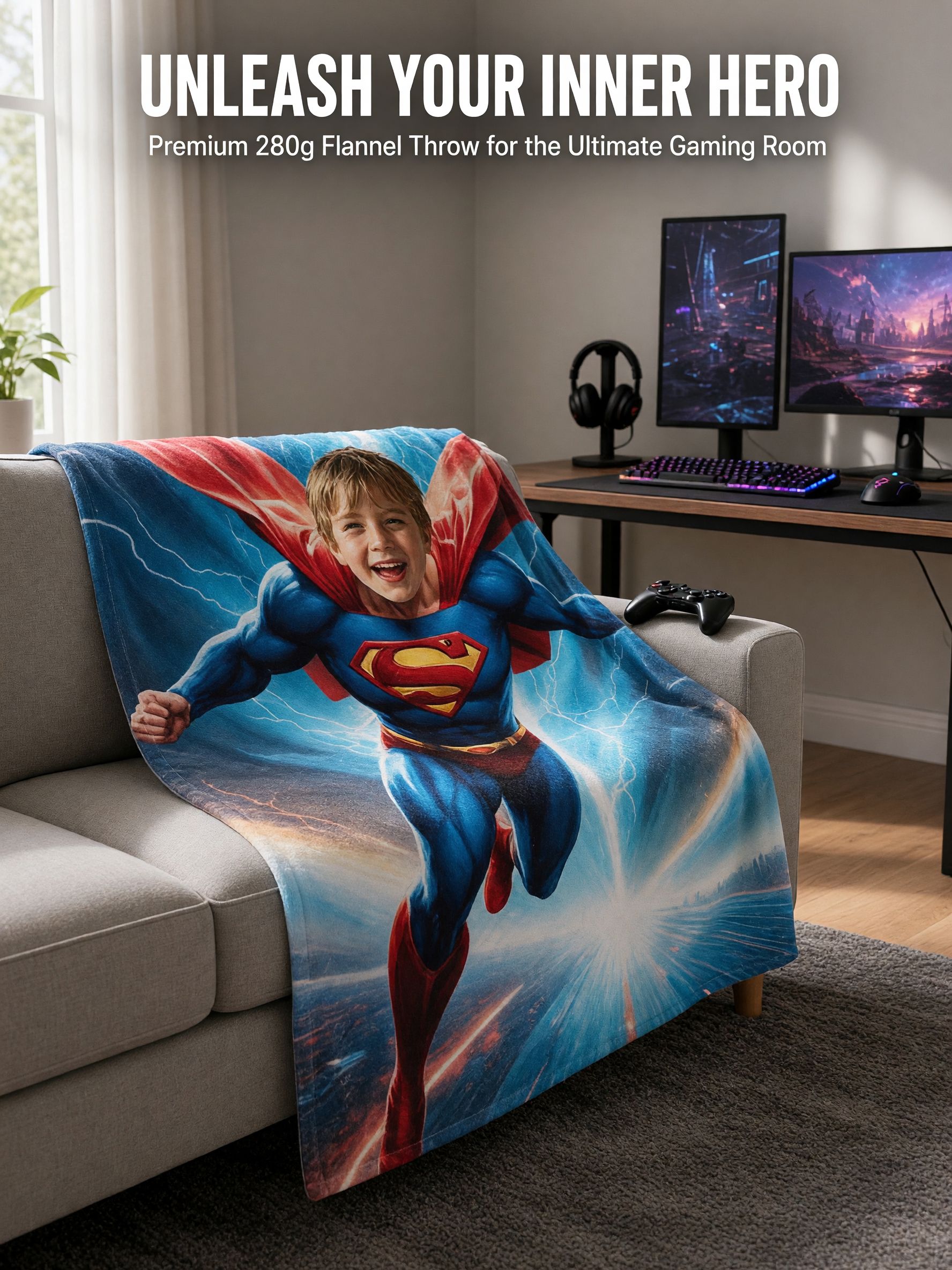 Custom Photo Face Superhero Blanket, Ultra-Soft Flannel Throw, Personalized Cozy Gift for Kids and Family
