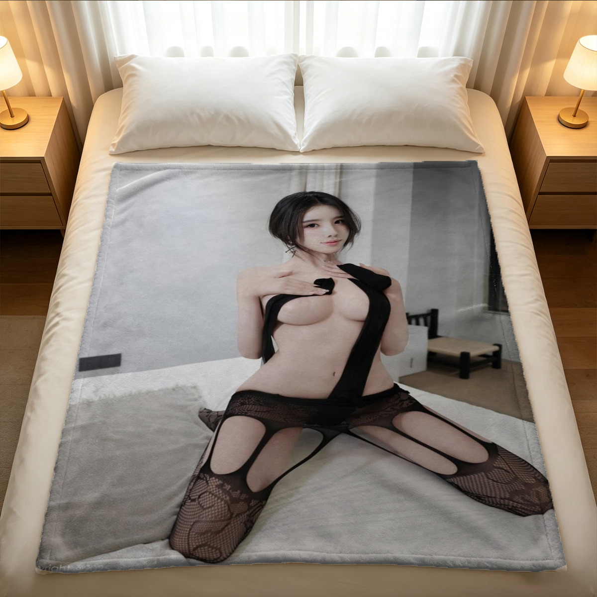 Nude Japanese model in torn black stockings on stairs - Blanket