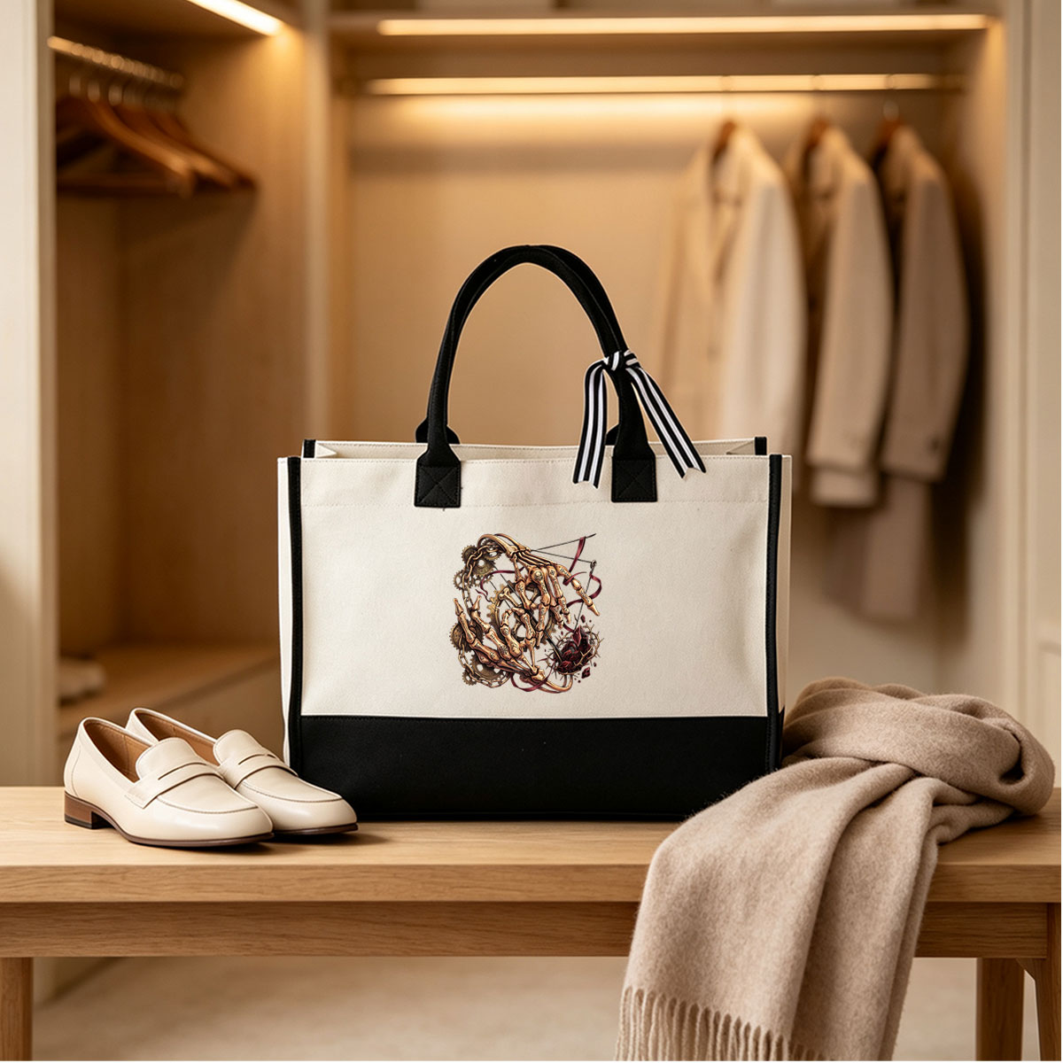 Mechanical Skeleton Hands with Runes and Gears - Canvas patchwork gift tote bag