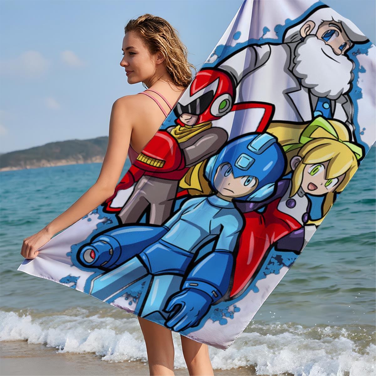 Mega Man, Roll, Dr. Light, and Bass from the Mega Man series - Beach towels