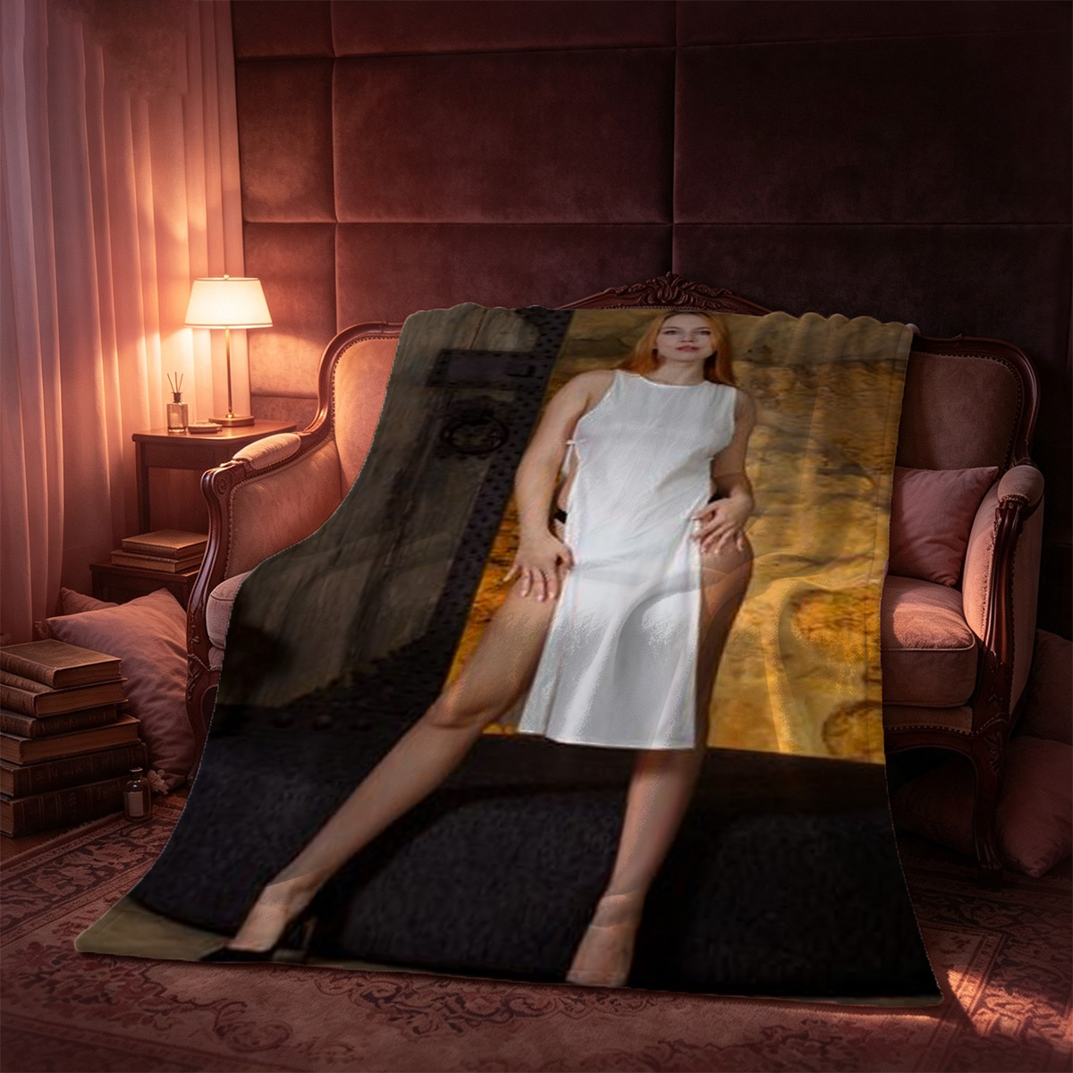 Redhead beauty in a lowered pink floral skirt by chandelier - Blanket