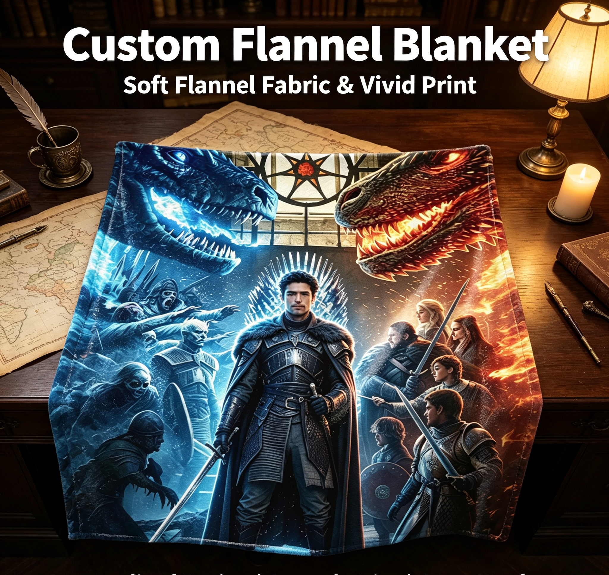 Custom Face Blanket Game of Thrones Iron Throne Dragon King Flannel Blanket Cozy Living Room Bedding Gift for Fans and Collectors