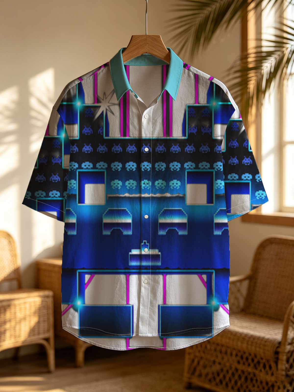 Space Invaders: Classic Arcade Game with Pixel Aliens and Neon Platforms -  Shirt