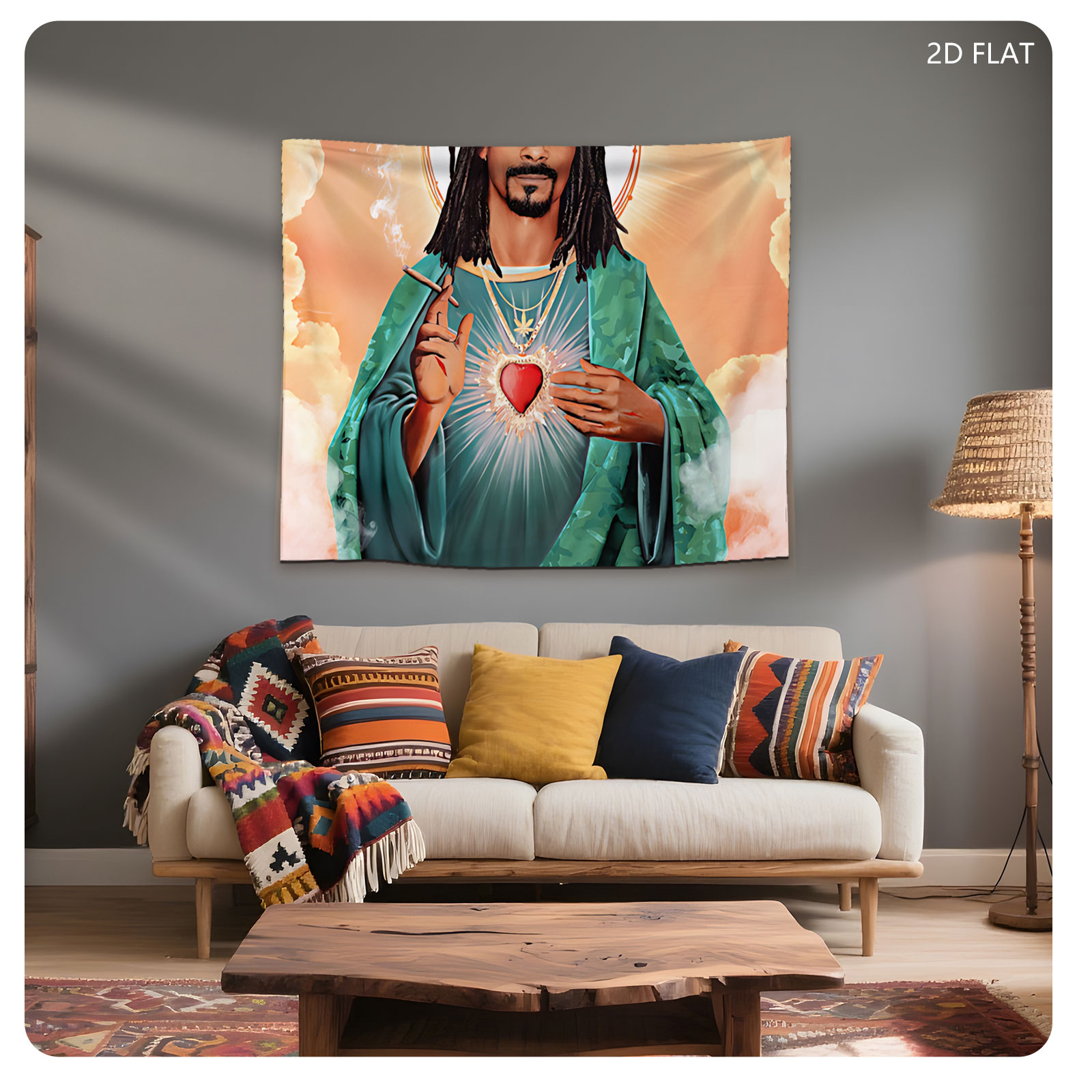 Snoop Dogg as Sacred Heart Saint, Holding Cigarette with Divine Halo and Radiant Heart - Tapestry