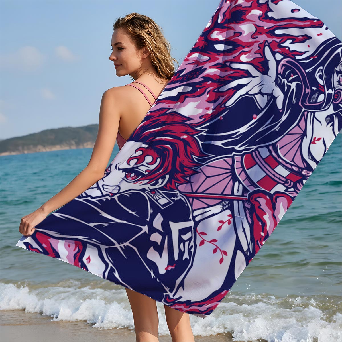 Demon Slayer: Nezuko and Tanjiro with Flame Dragon - Beach towels