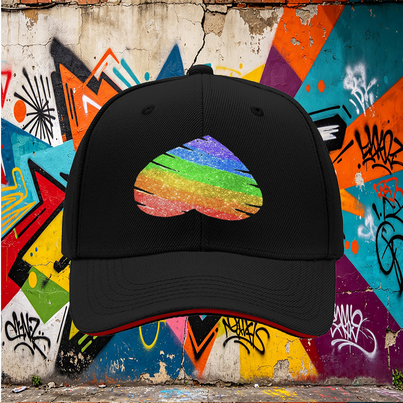 Unisex Classic Sandwich Hat with Rainbow Glitter Heart Print - Perfect for Pride Events, Outdoor Activities, and Casual Wear - Ideal for Adults Seeking Expressive Fashion Statement