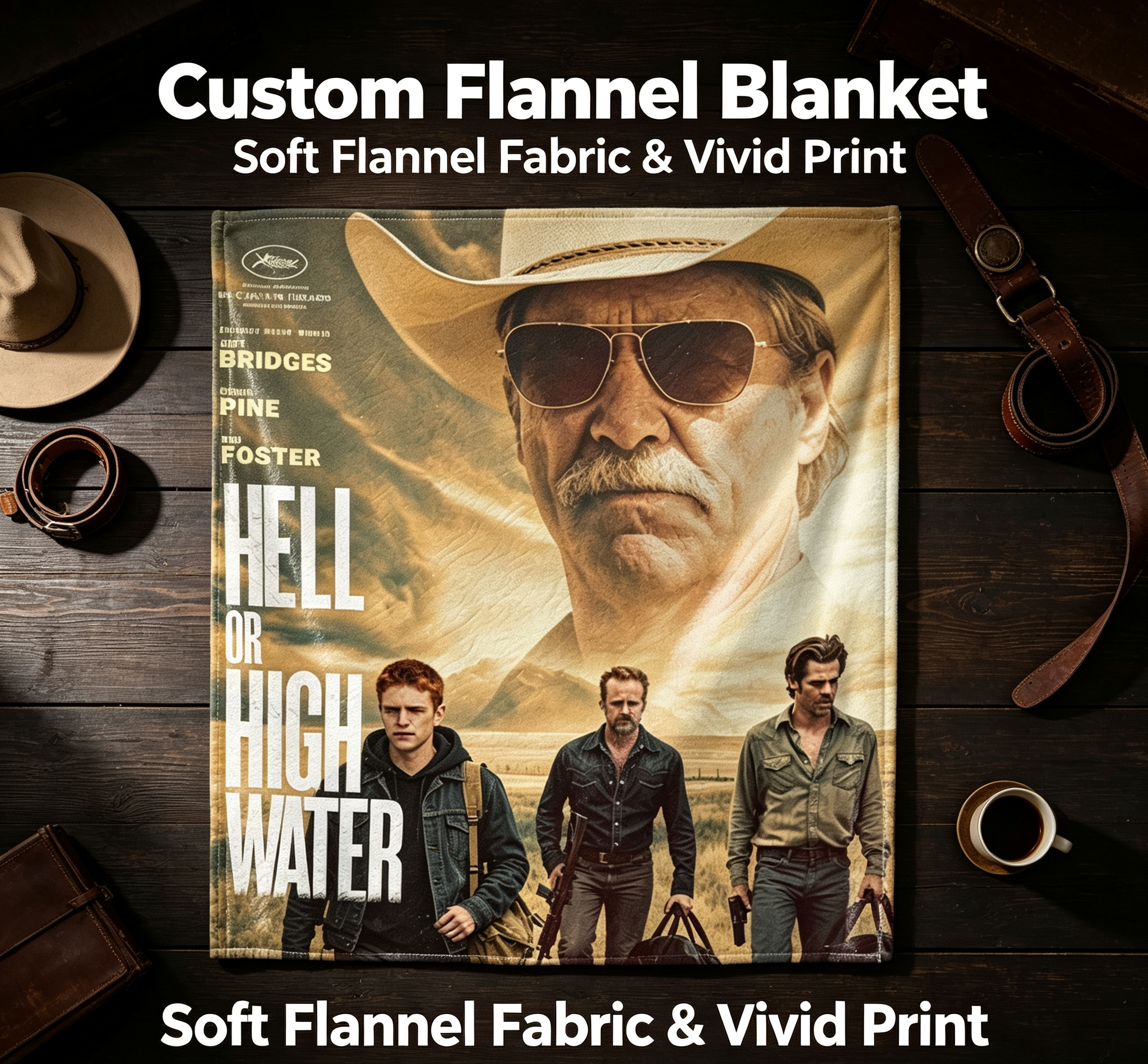 Custom Face Blanket Hell or High Water Movie Poster Flannel Blanket Perfect for Couch Watching and Movie Nights Ideal Gift for Fans of Western Films and Chris Pine