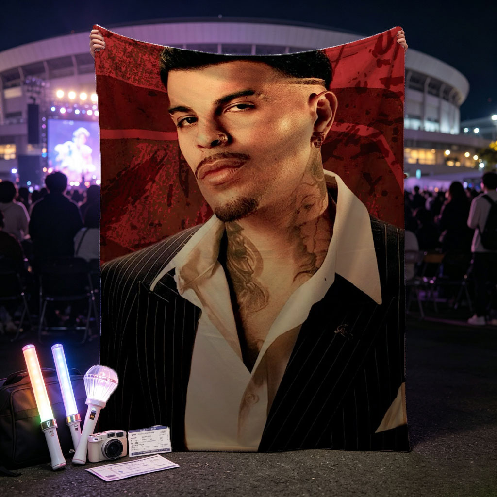 Bad Bunny in a Sharp Suit with Visible Neck Tattoos Against a Red Grunge Background - Blankets