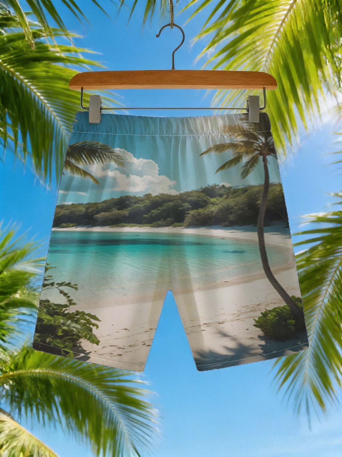 Tropical Beach with Palm Trees and Crystal Clear Water -  Beach shorts
