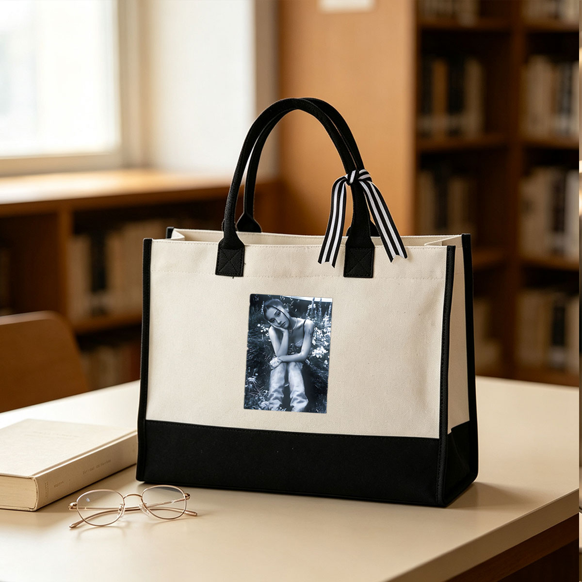Woman in Floral Garden, Monochrome Portrait - Canvas patchwork gift tote bag