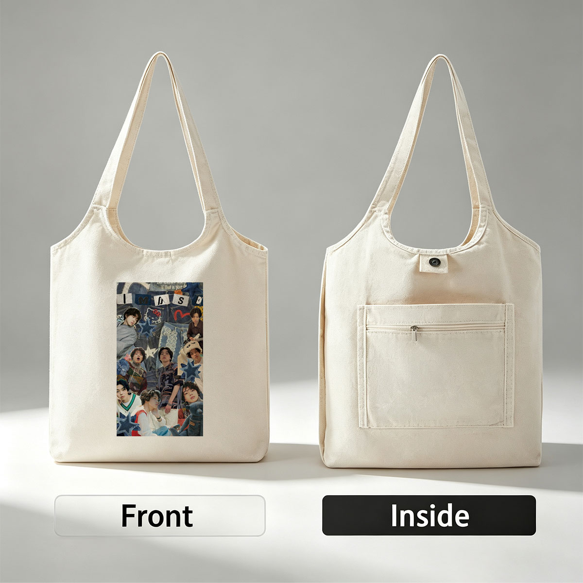 IMASE Members in a Denim-Themed Collage with Stars and Playful Elements - Canvas shoulder bags/