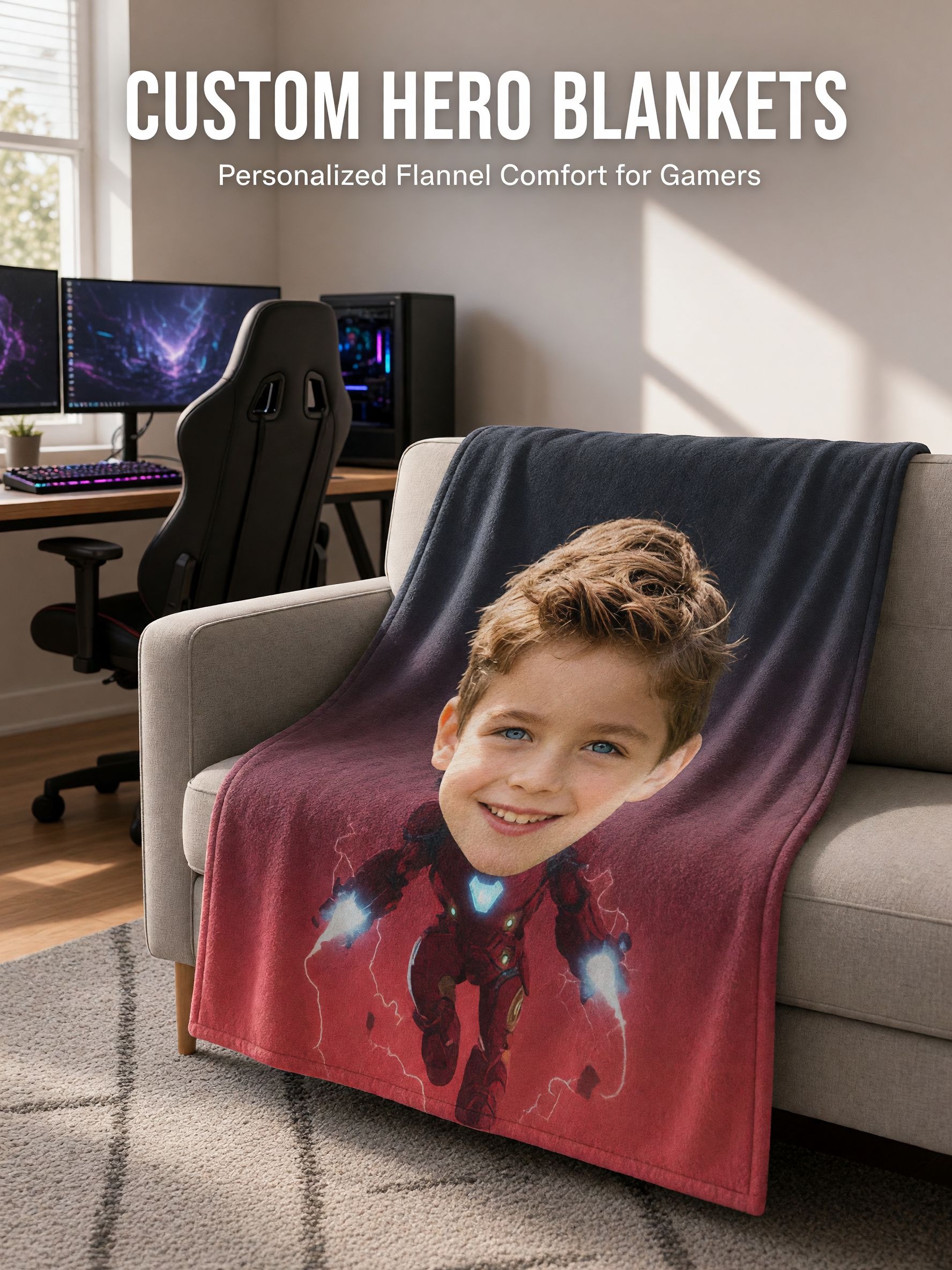 Custom Photo Face Superhero Flannel Blanket, Ultra Soft Plush Throw, Ideal Personalized Gift for Kids and Family