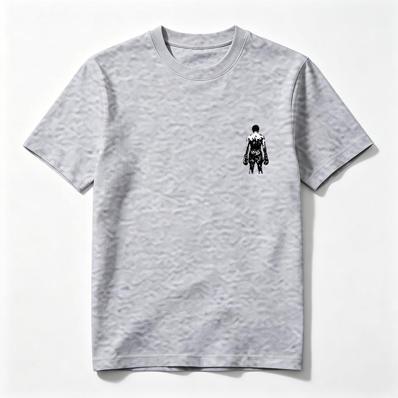 Silhouette of a muscular figure with abstract white patterns on the back, wearing gloves and pants, set against a black background. - Tee