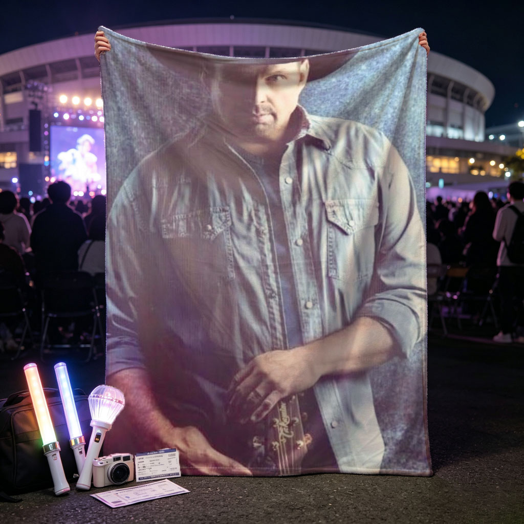 Garth Brook in Cowboy Hat Holding Guitar Against Textured Background - Blankets