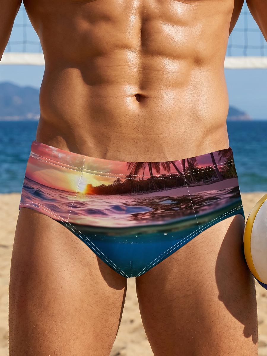 Sunset over tropical beach with underwater coral reef -  Men's swim trunks